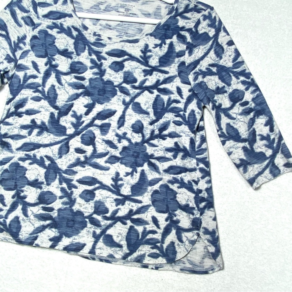 Sonoma Top Women's PL Blue White Floral 3/4 Sleeve Crewneck Stretch Casual Shirt - Picture 4 of 12